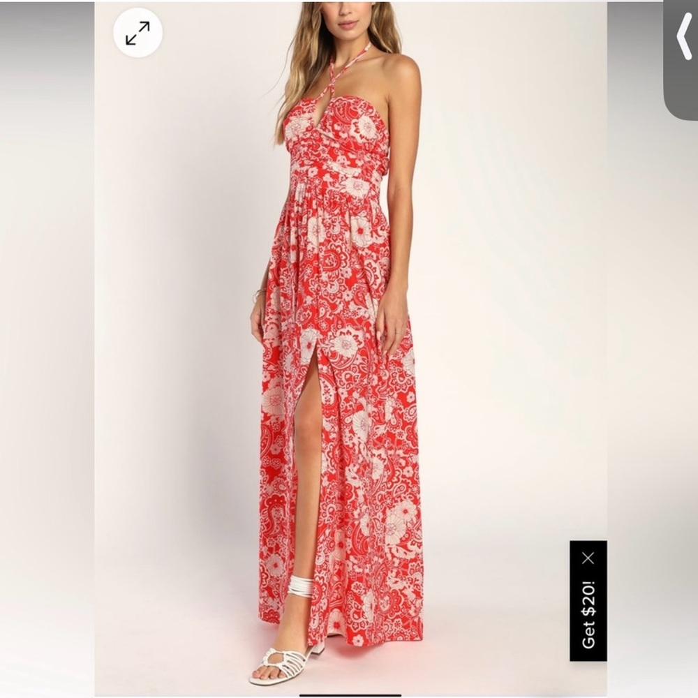 If You Breeze Red Paisley Print Halter Maxi Dress